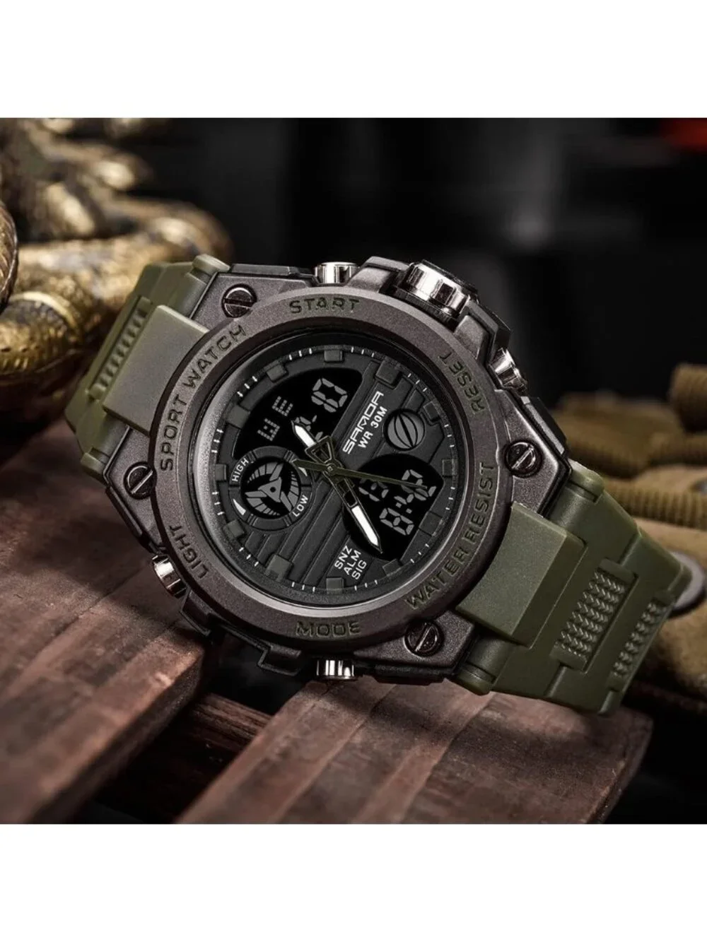 Mens Army Green Black Analog Quartz Sports Waterproof Military LED Digital Watch